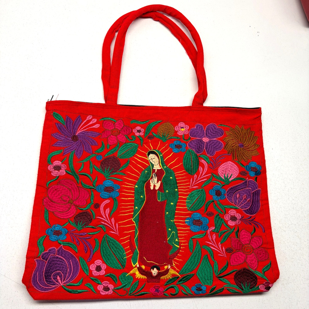 Virgen Our Lady of Guadalupe Embroidered Tote Bag red